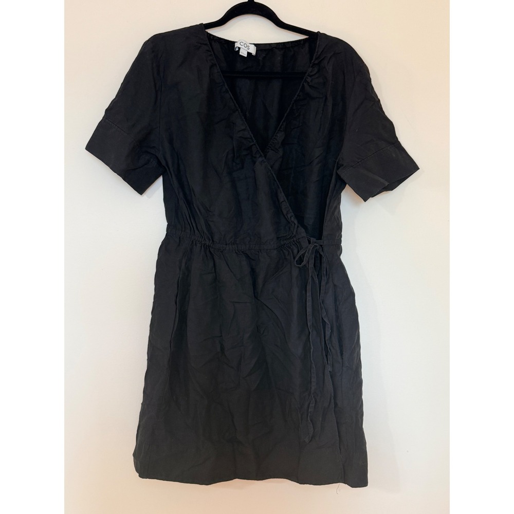 COS Black Lyocell Linen Wrap Dress V-Neck Short Sleeve Small
